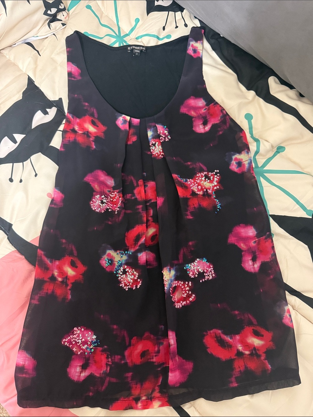 Express Black Floral Sequin Tank Top with Pink & Red Accents